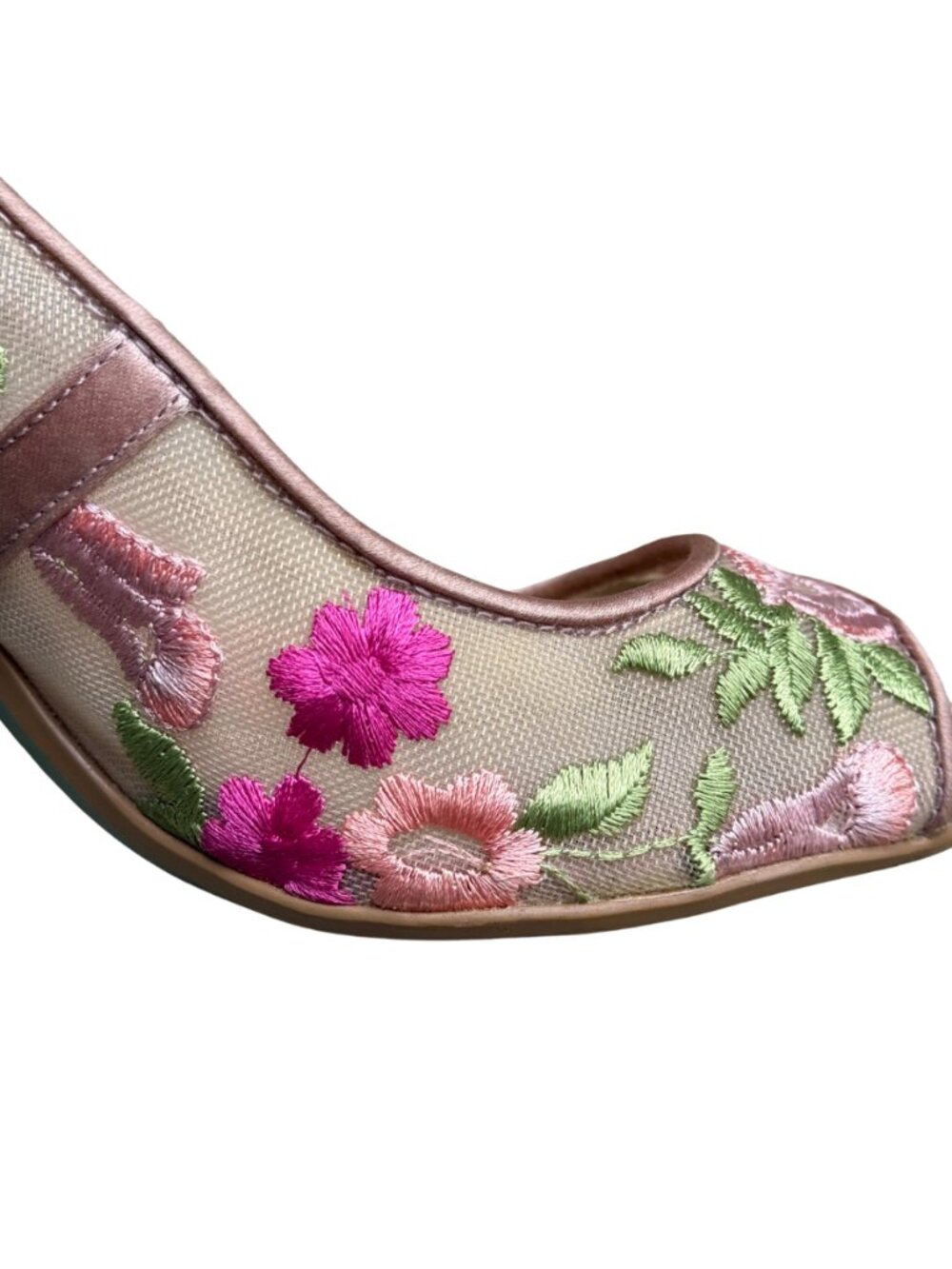 Betsey Johnson Embroidered Floral Peep Toe Heels Size 6 Pink Satin Mesh Stiletto - Picture 10 of 15